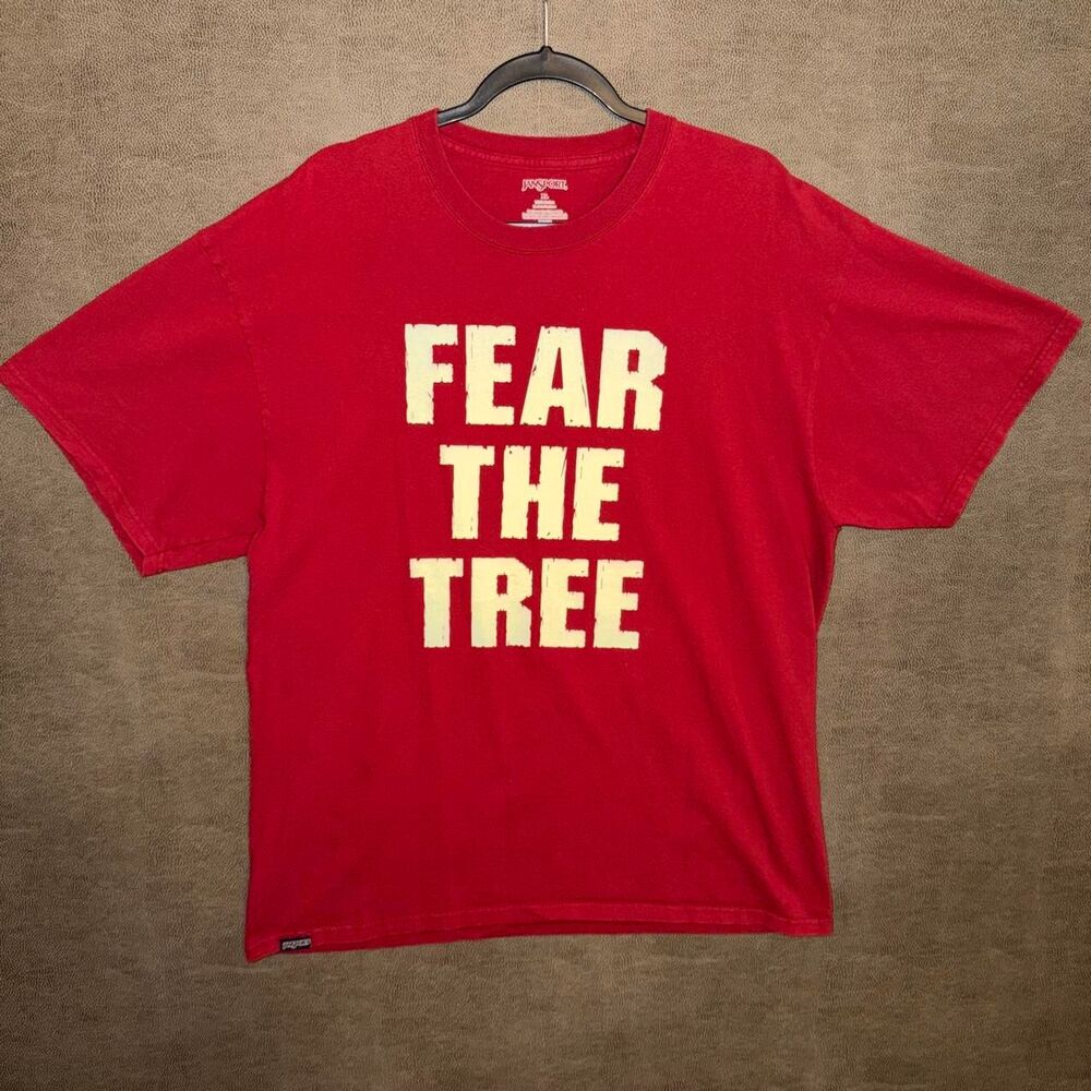 Y2K Jansport "Fear the Tree" graphic tee with white text and Stanford logo on ba